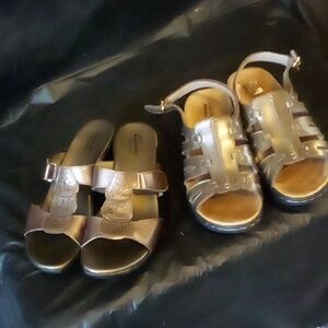 Clarks gold leather sandals 2" heels both pairs size 7 TTS very good condition